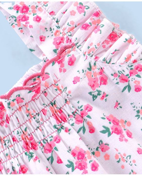 Babyhug Frill Sleeves Printed Cotton Cambric Top With Scalloped Embroidery At Hemline And Smocking-White Pink