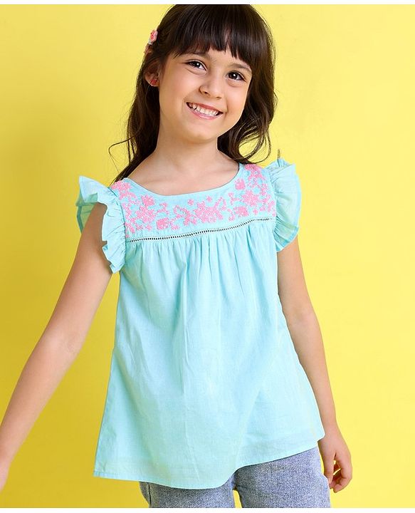 Babyhug Frill Sleeves Cotton Cambric Top With Embroidered Yoke- Blue