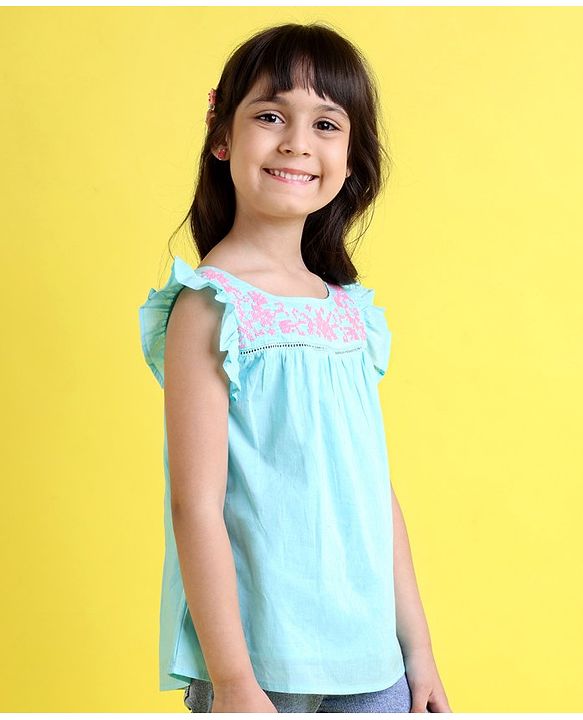 Babyhug Frill Sleeves Cotton Cambric Top With Embroidered Yoke- Blue