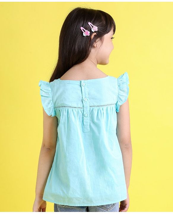 Babyhug Frill Sleeves Cotton Cambric Top With Embroidered Yoke- Blue