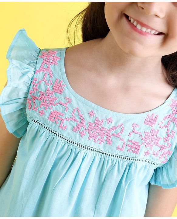 Babyhug Frill Sleeves Cotton Cambric Top With Embroidered Yoke- Blue