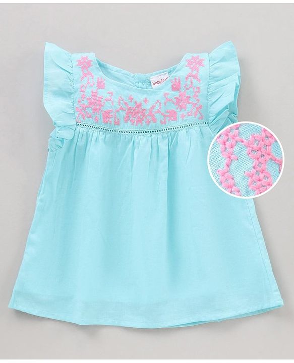 Babyhug Frill Sleeves Cotton Cambric Top With Embroidered Yoke- Blue