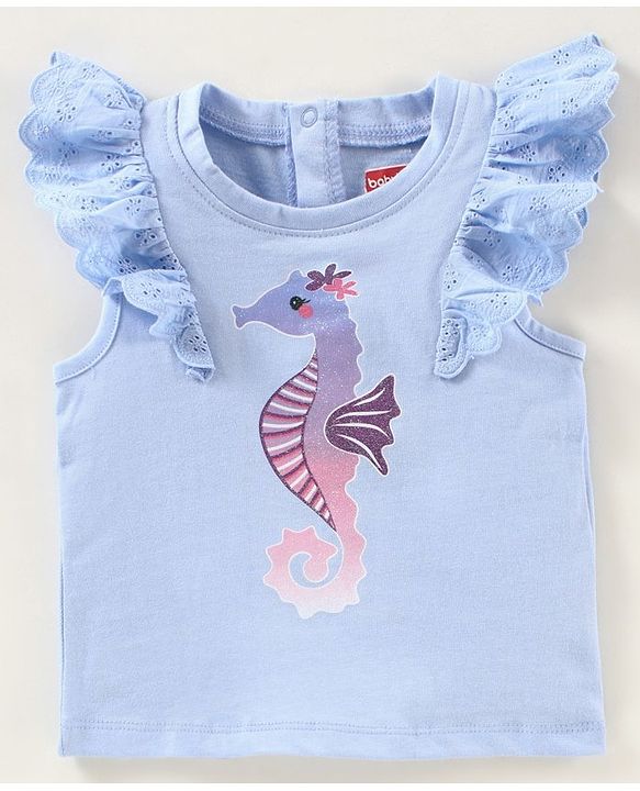 Babyhug Short Sleeves Top With Graphics & Schiffli Detailing Sea Horse Print - Blue