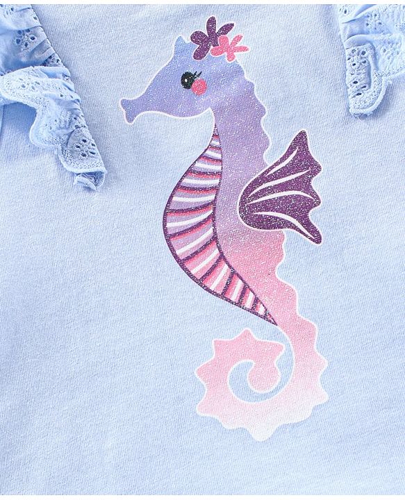 Babyhug Short Sleeves Top With Graphics & Schiffli Detailing Sea Horse Print - Blue