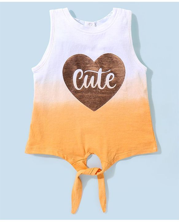 Babyhug 100% Cotton Sleeveless Tee With Heart & Text  Graphics- Orange & White