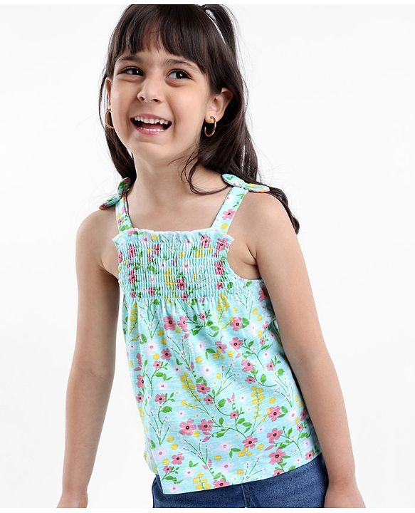 Babyhug Singlet Top With Smocking Detailing Floral Print - Blue