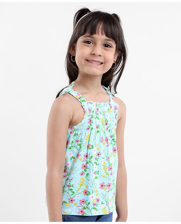 Babyhug Singlet Top With Smocking Detailing Floral Print - Blue
