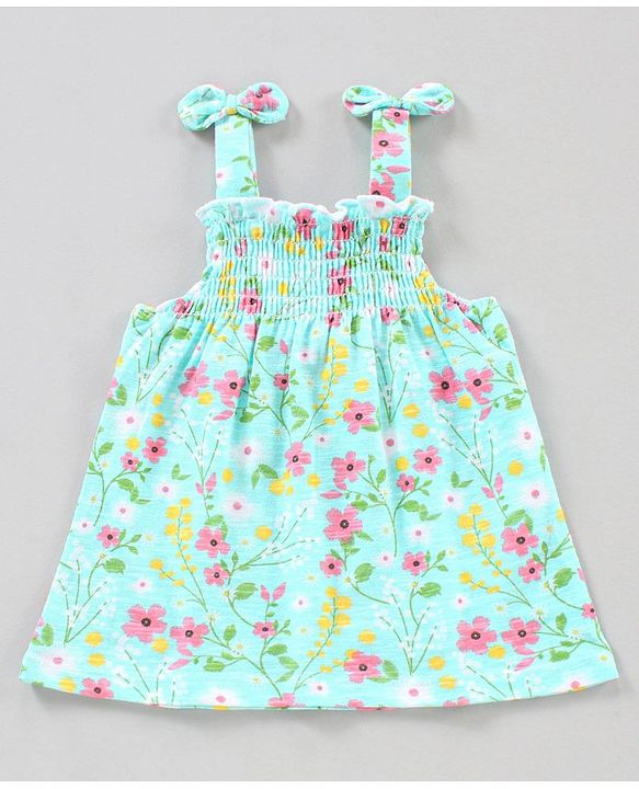 Babyhug Singlet Top With Smocking Detailing Floral Print - Blue