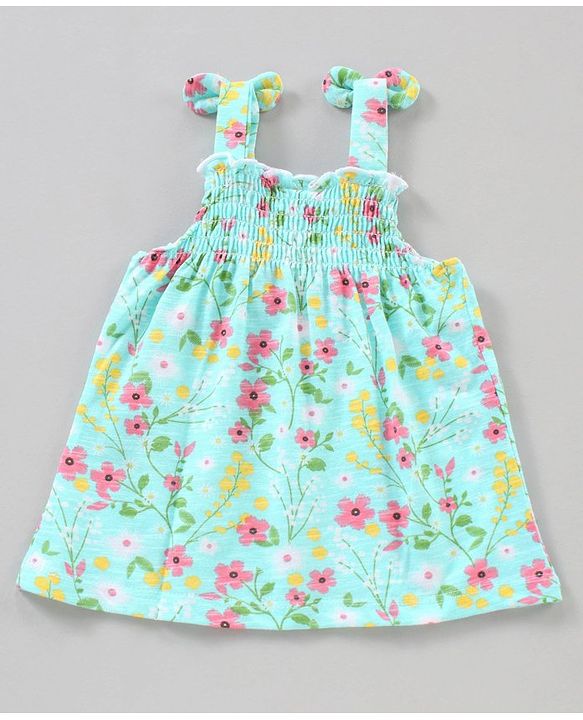Babyhug Singlet Top With Smocking Detailing Floral Print - Blue