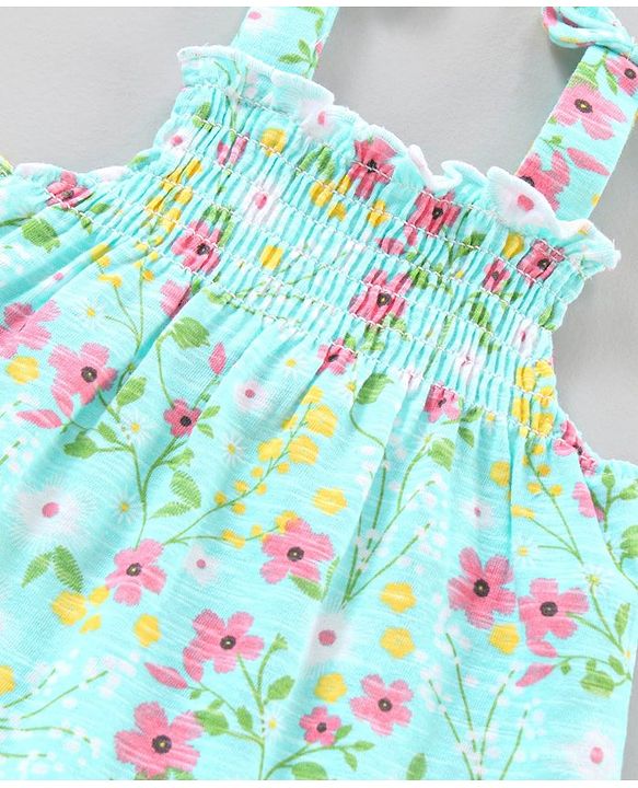 Babyhug Singlet Top With Smocking Detailing Floral Print - Blue