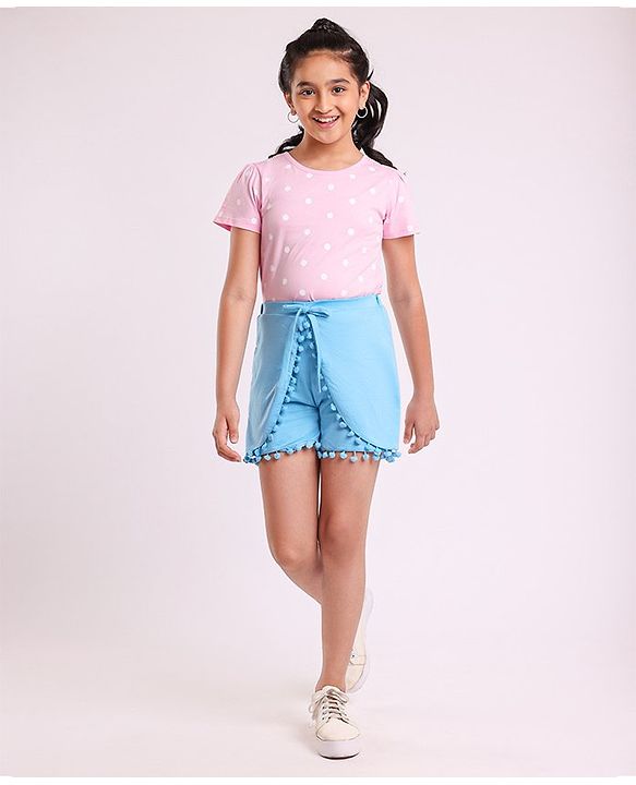 Pine Kids Half Sleeves Tee & Shorts Set Polka Dot Print - Pink Blue