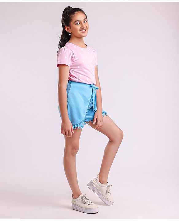 Pine Kids Half Sleeves Tee & Shorts Set Polka Dot Print - Pink Blue