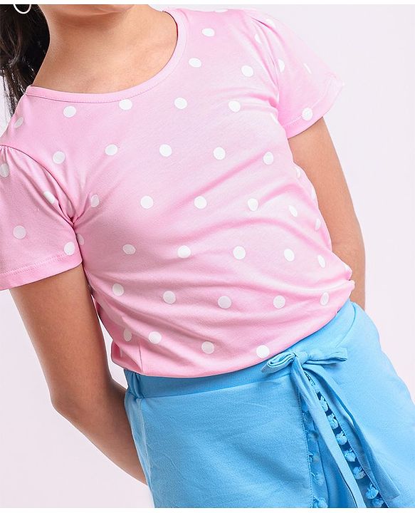 Pine Kids Half Sleeves Tee & Shorts Set Polka Dot Print - Pink Blue