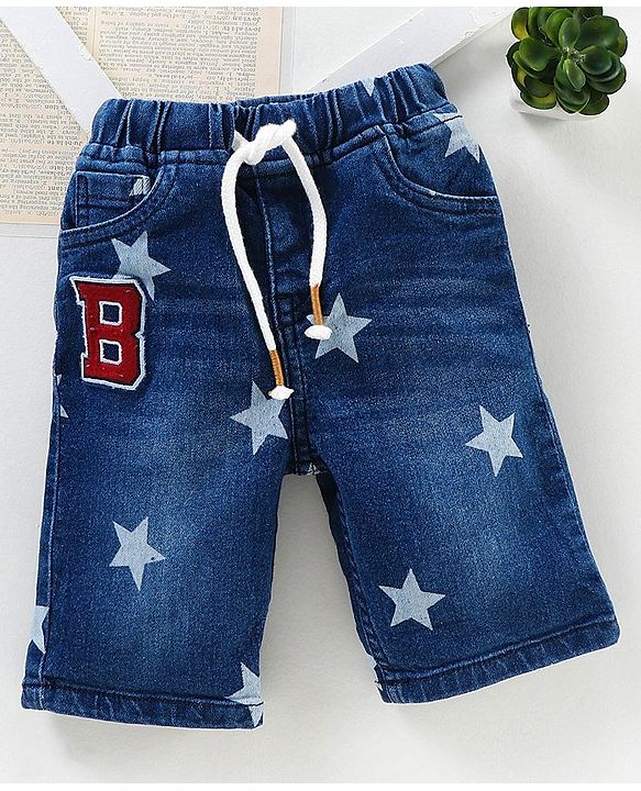 Babyhug Washed Stretch Denim Jamaican Shorts With Drawstring Star Print - Blue
