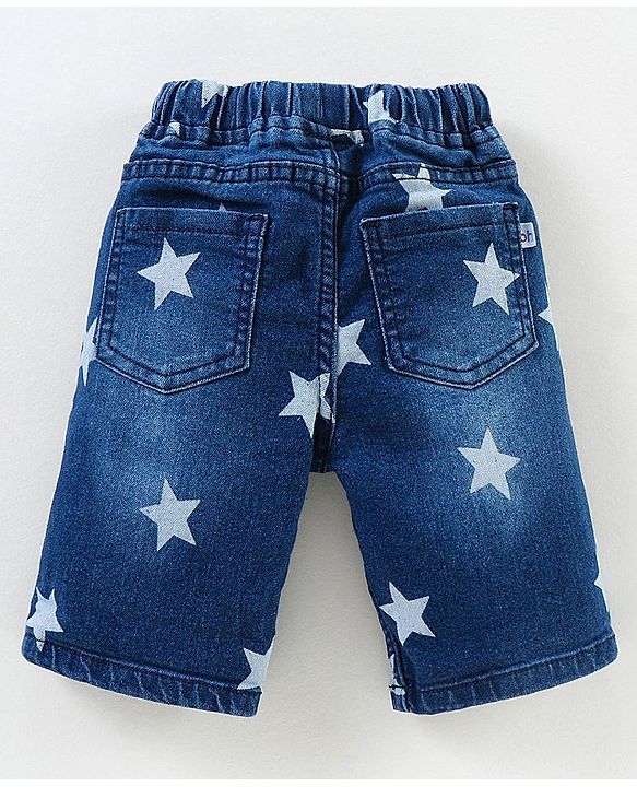 Babyhug Washed Stretch Denim Jamaican Shorts With Drawstring Star Print - Blue