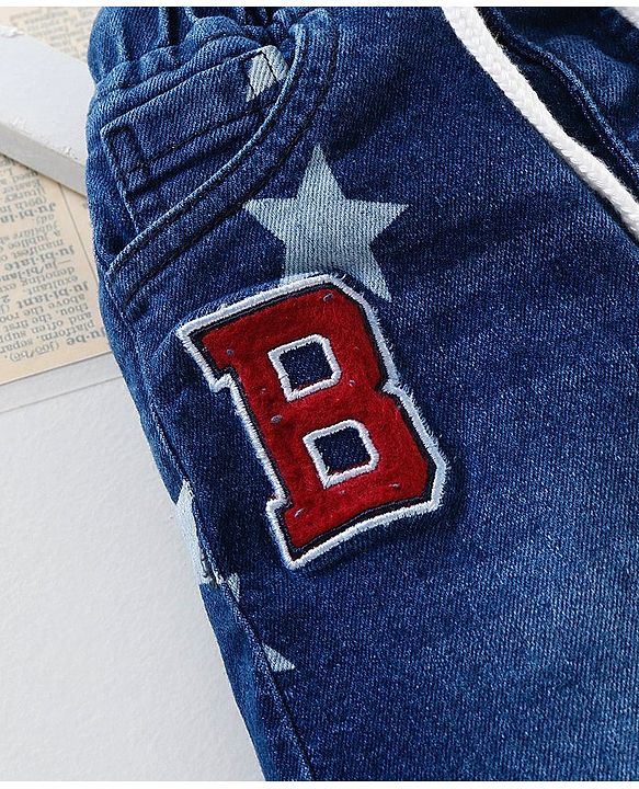 Babyhug Washed Stretch Denim Jamaican Shorts With Drawstring Star Print - Blue