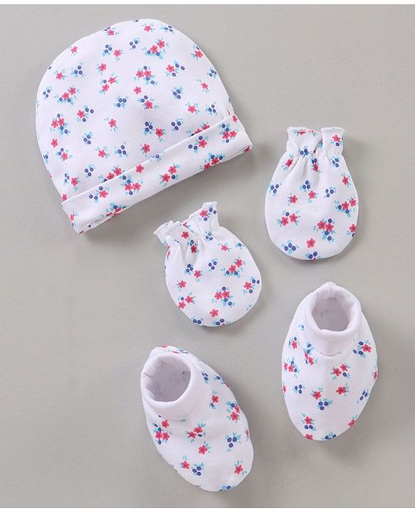 Babyhug Cotton Cap Mitten & Booties Set Floral Print White - Diameter 11.5 cm