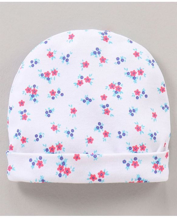 Babyhug Cotton Cap Mitten & Booties Set Floral Print White - Diameter 11.5 cm