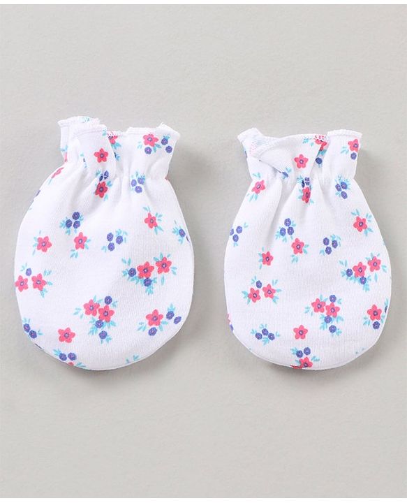 Babyhug Cotton Cap Mitten & Booties Set Floral Print White - Diameter 11.5 cm