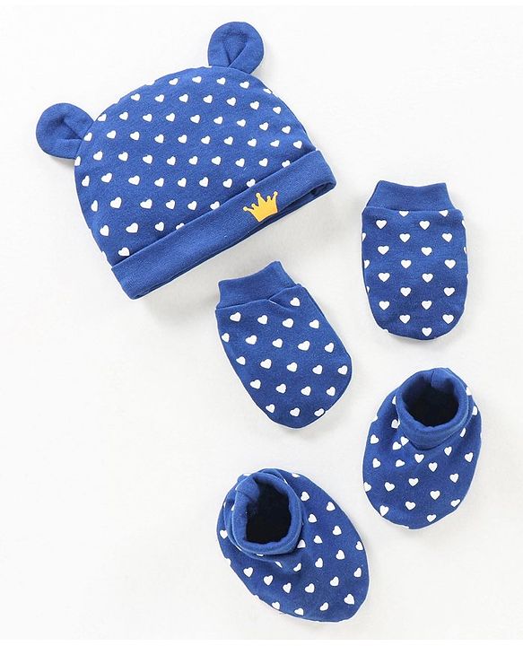 Babyhug 100% Cotton Cap Mittens & Booties Blue - Diameter 10 cm