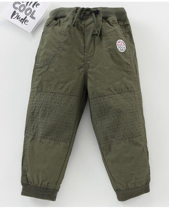 Babyhug Ribbed Waist Full Length Solid Trousers - Olive