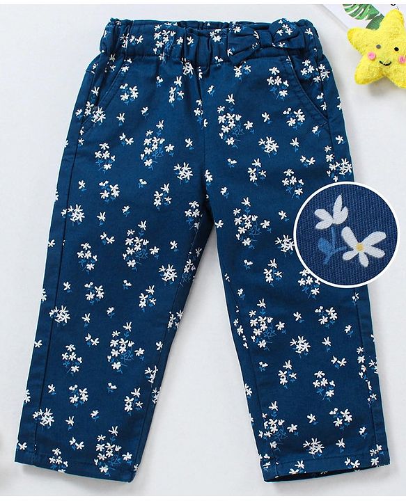 Babyhug Full Length Trouser With Bow Applique Floral Print - Blue