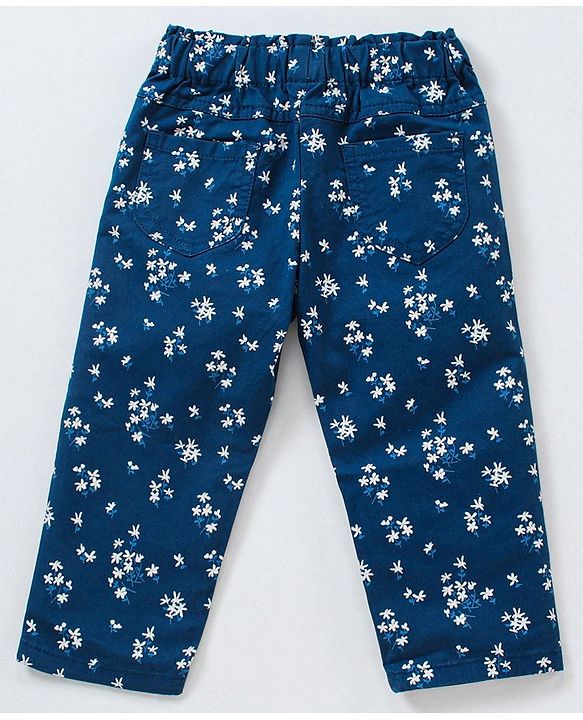 Babyhug Full Length Trouser With Bow Applique Floral Print - Blue