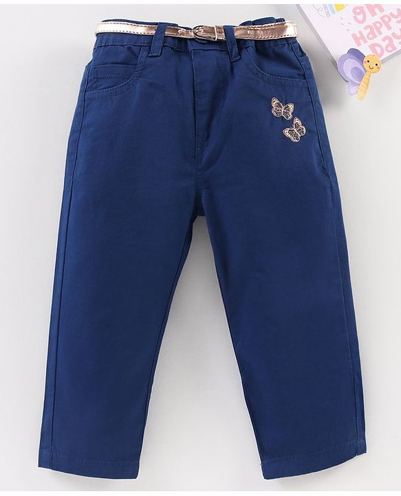 Babyhug Full Length Embroidered Pant With Belt - Dark Blue