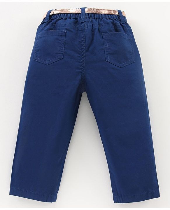 Babyhug Full Length Embroidered Pant With Belt - Dark Blue