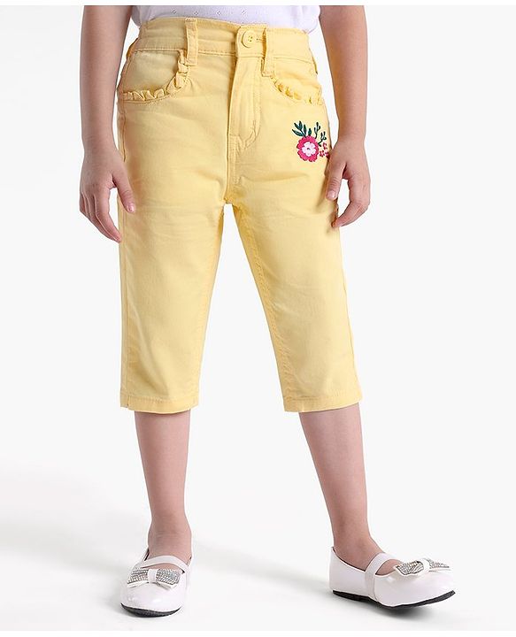Babyhug Cotton Lycra 3/4th Length Capris Pant Floral Embroidered - Yellow