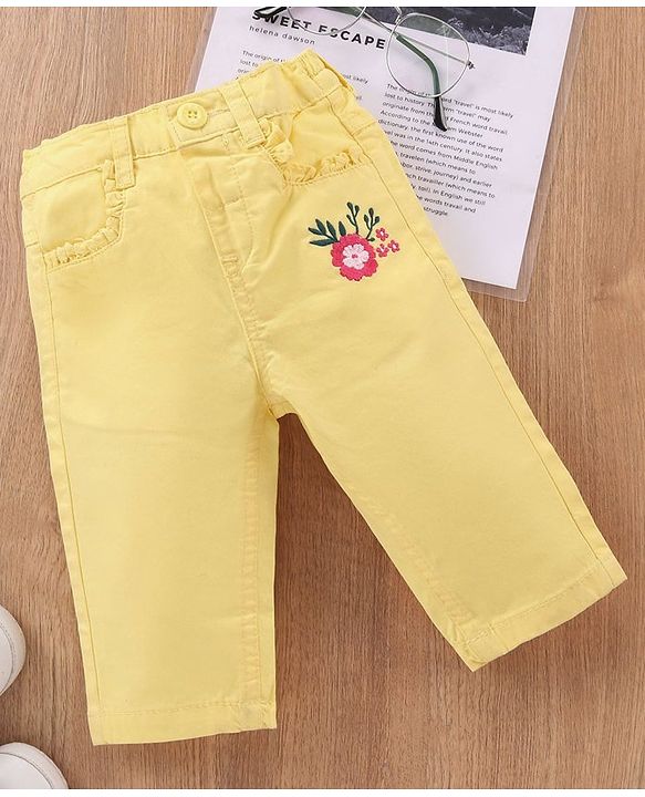 Babyhug Cotton Lycra 3/4th Length Capris Pant Floral Embroidered - Yellow
