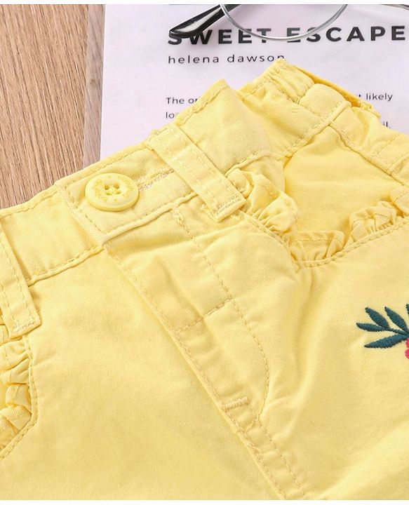 Babyhug Cotton Lycra 3/4th Length Capris Pant Floral Embroidered - Yellow