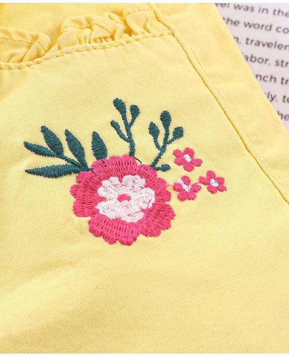 Babyhug Cotton Lycra 3/4th Length Capris Pant Floral Embroidered - Yellow