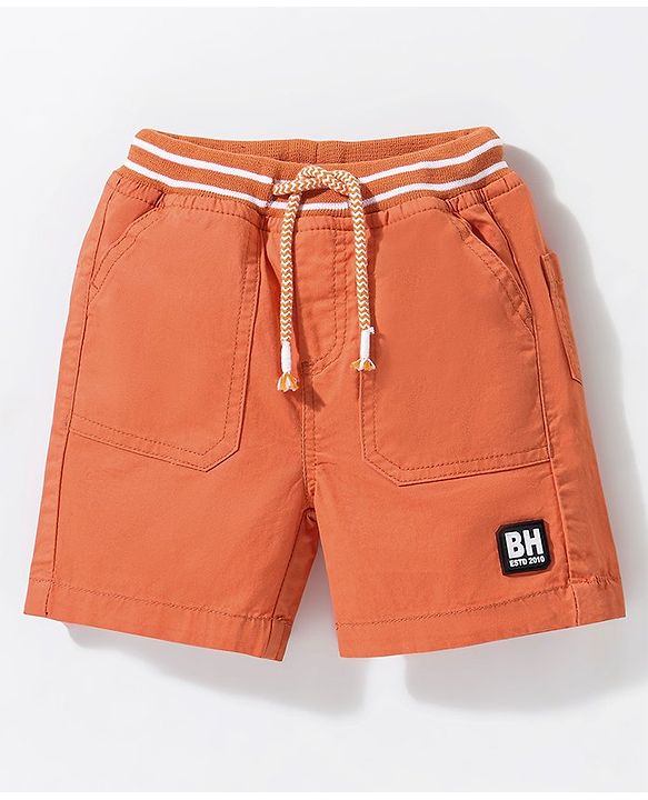 Babyhug Cotton Above Knee Length Shorts Text Patch - Orange