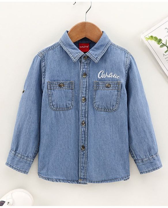 Babyhug Full Sleeves Denim Two Pocket Washed Shirt - Dark Blue