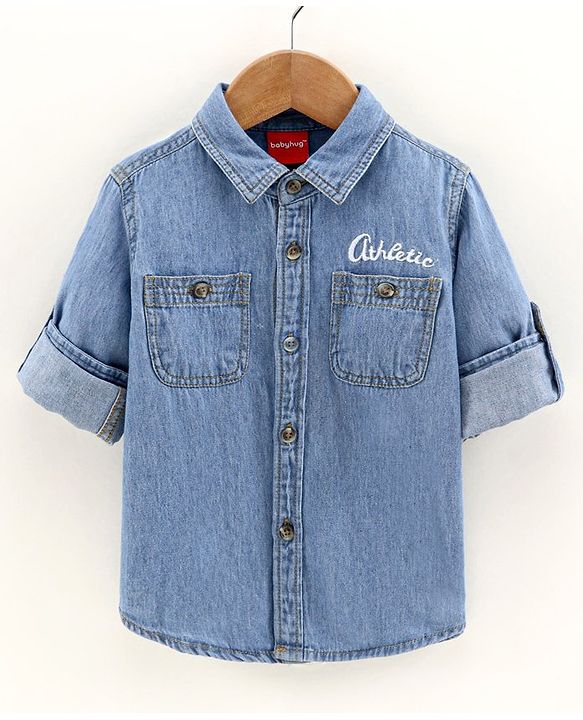 Babyhug Full Sleeves Denim Two Pocket Washed Shirt - Dark Blue