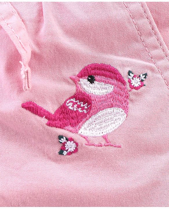 Babyhug Capri Length Cotton Pant With Bird Embroidered - Pink