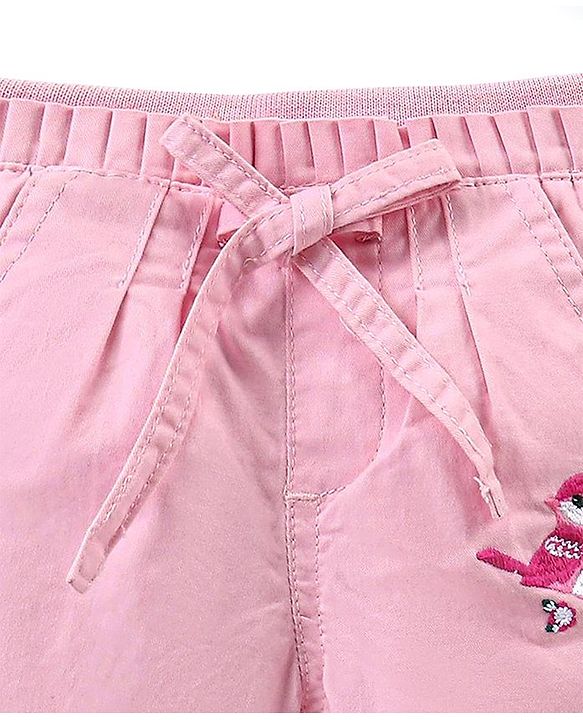 Babyhug Capri Length Cotton Pant With Bird Embroidered - Pink