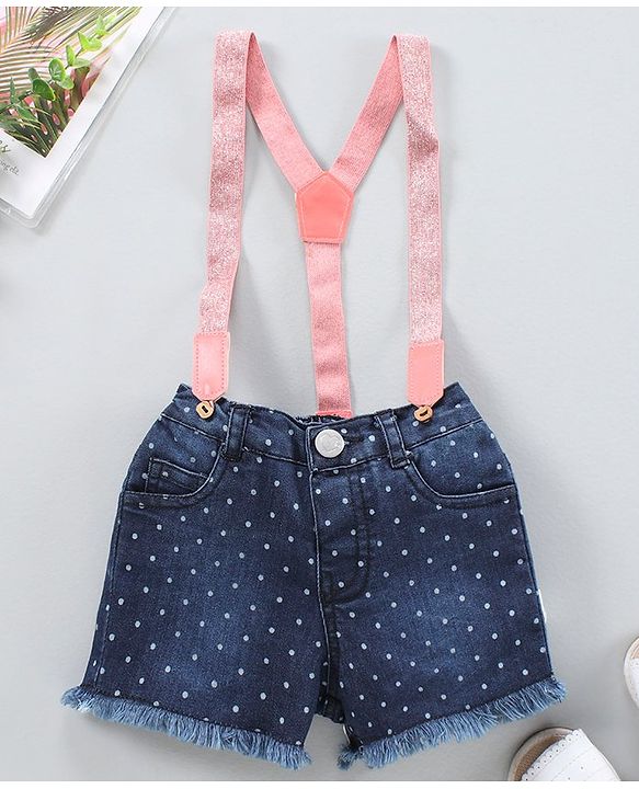 Babyhug Mid Thigh Length Denim Shorts with Suspenders & Polka Print - Blue