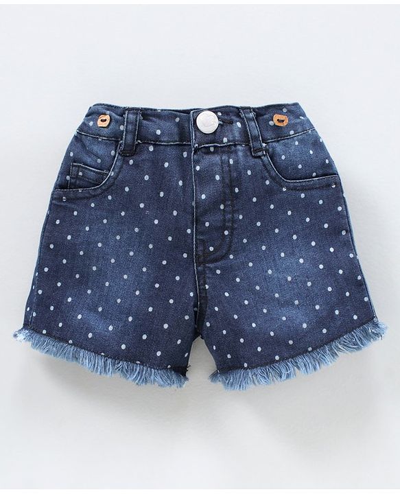 Babyhug Mid Thigh Length Denim Shorts with Suspenders & Polka Print - Blue