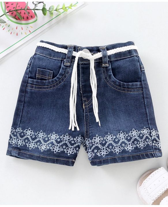 Babyhug Mid Thigh Denim Shorts with Embroidery - Dark Blue