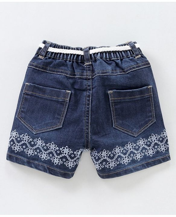Babyhug Mid Thigh Denim Shorts with Embroidery - Dark Blue