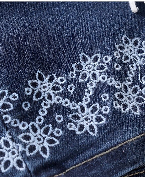 Babyhug Mid Thigh Denim Shorts with Embroidery - Dark Blue