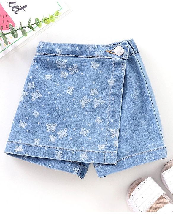Babyhug Mid Thigh Length Denim Skorts Butterflies Print - Blue