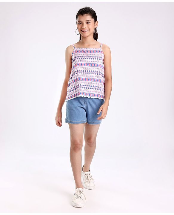 Pine Kids Singlet Sleeves Woven Top With Denim Shorts Printed - Multicolor