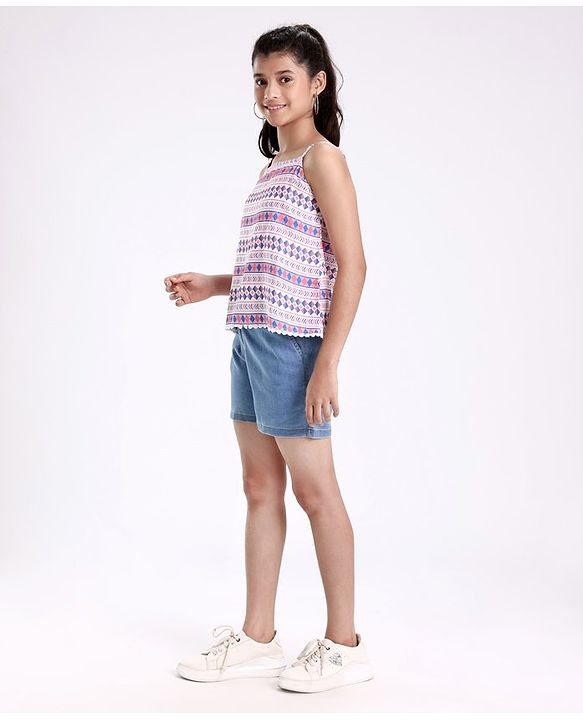 Pine Kids Singlet Sleeves Woven Top With Denim Shorts Printed - Multicolor