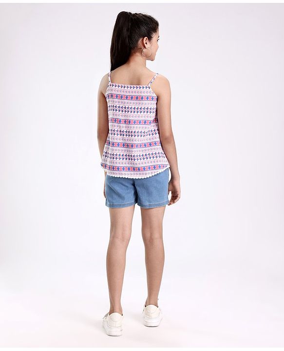 Pine Kids Singlet Sleeves Woven Top With Denim Shorts Printed - Multicolor