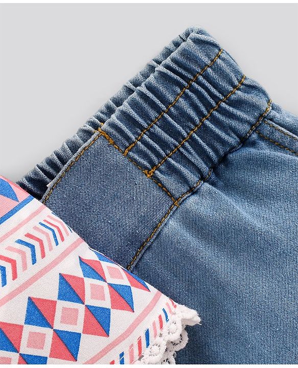 Pine Kids Singlet Sleeves Woven Top With Denim Shorts Printed - Multicolor
