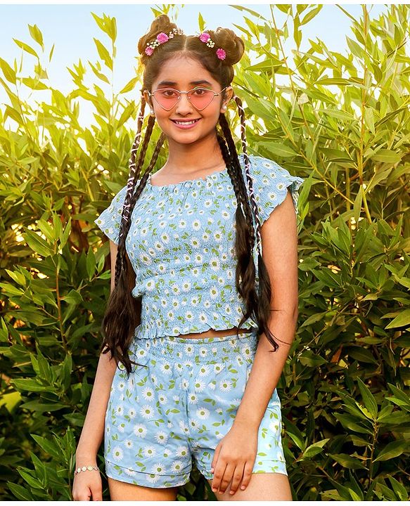 Pine Kids Cropped Length Top with High Waist Printed Shorts - Multicolor
