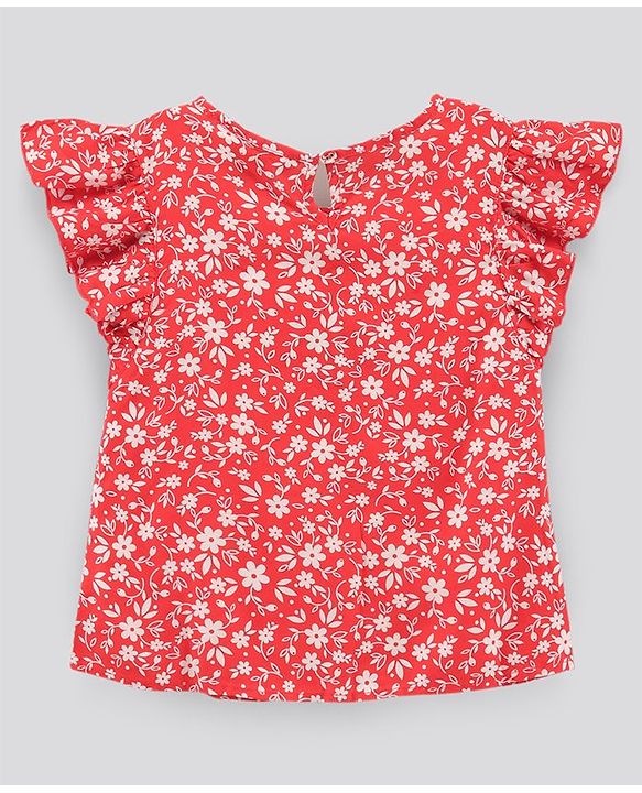 Pine Kids Cotton Floral Printed Top & Denim Shorts Set  - Red